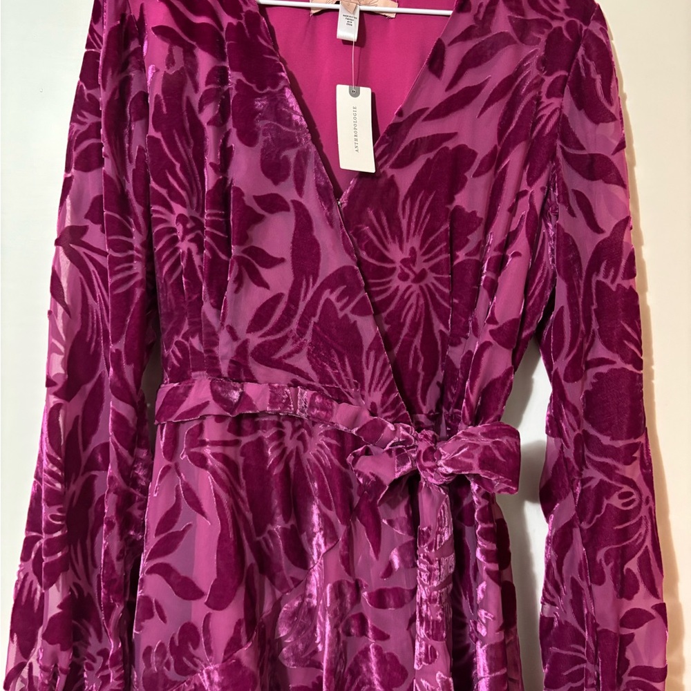Anthropologie Pink Floral Velvet Long Sleeve Dress - Picture 2 of 5